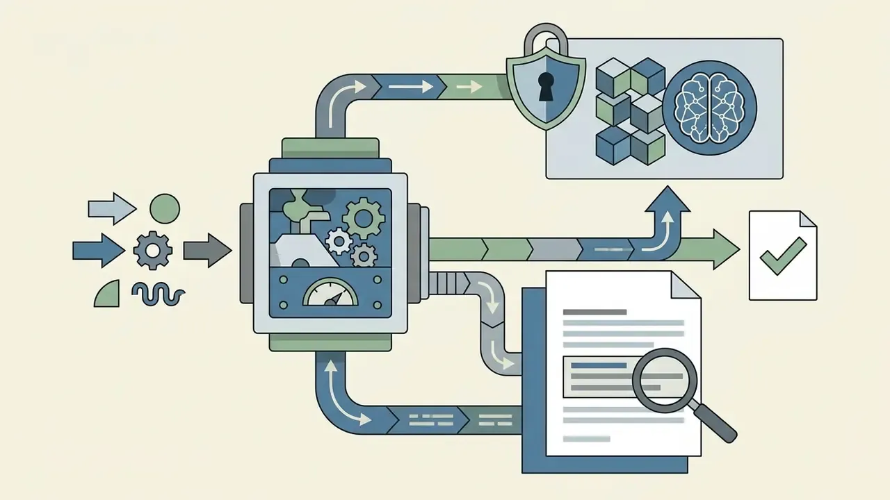 Inputs feeding into a central machine that outputs to a secure AI model and a reviewed legal document
