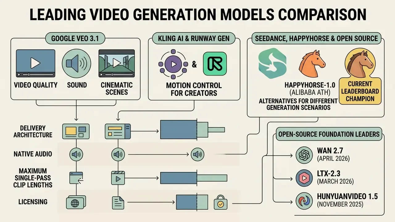 Infographic comparing video generation models across architecture, audio, clip length, and licensing