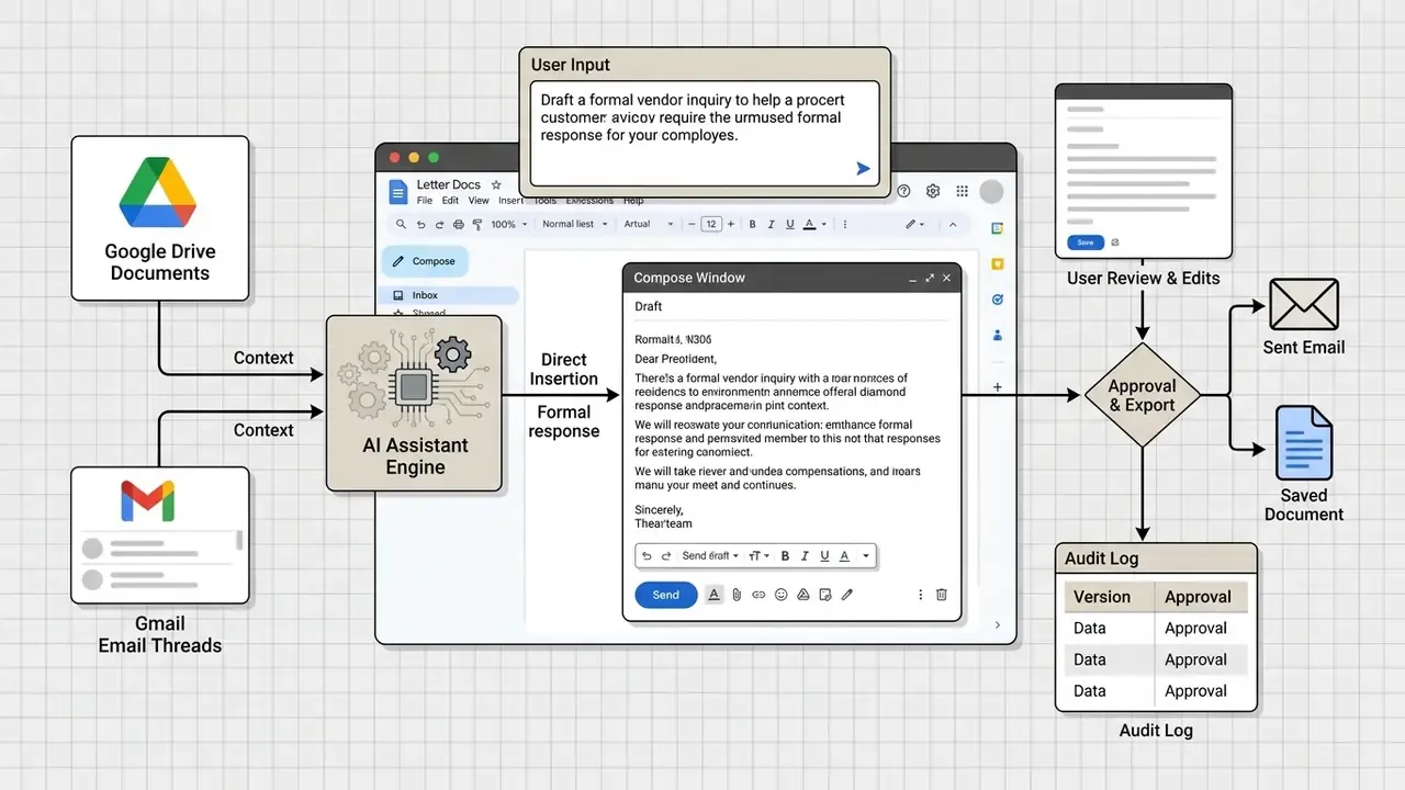 Workspace integration showing AI drafting formal emails from Google Drive and Gmail context