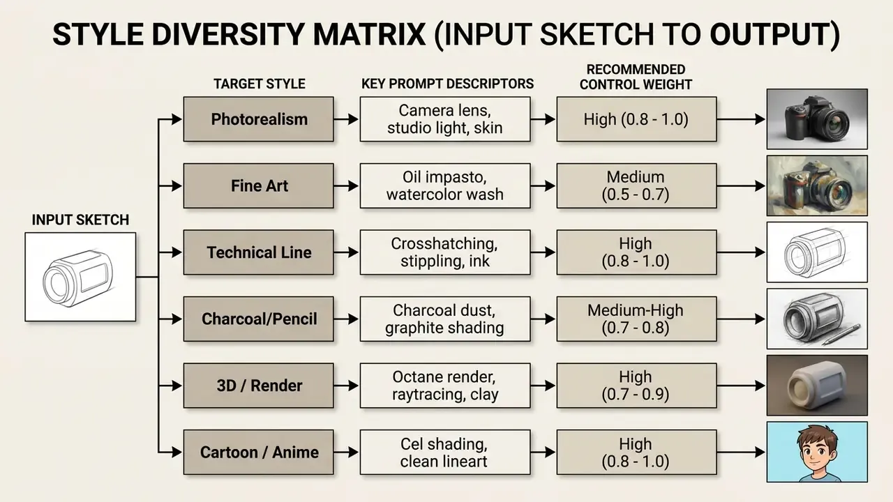 Matrix chart mapping input sketches to various artistic output styles with prompt and weight settings