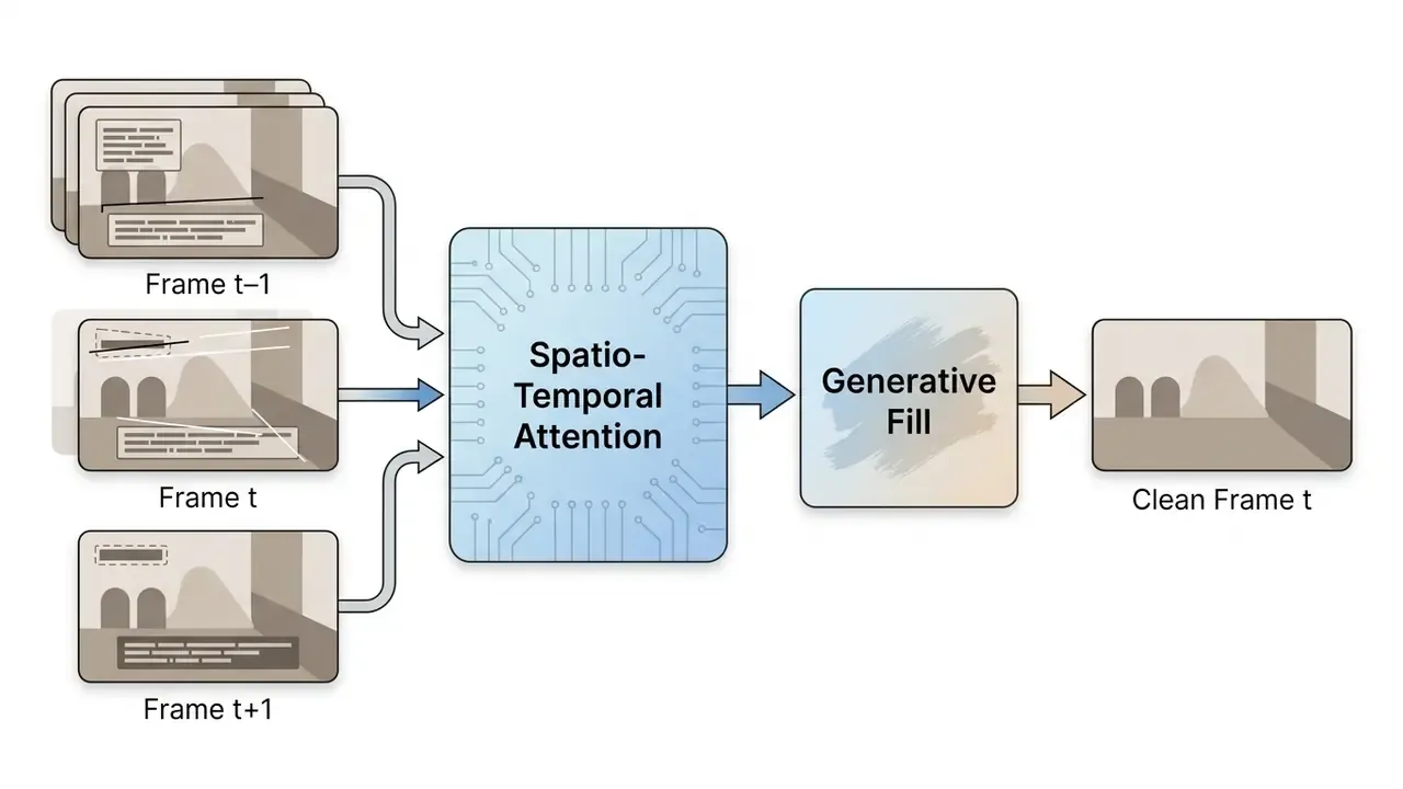 Sequence diagram showing video frames processed through Spatio-Temporal Attention and Generative Fill