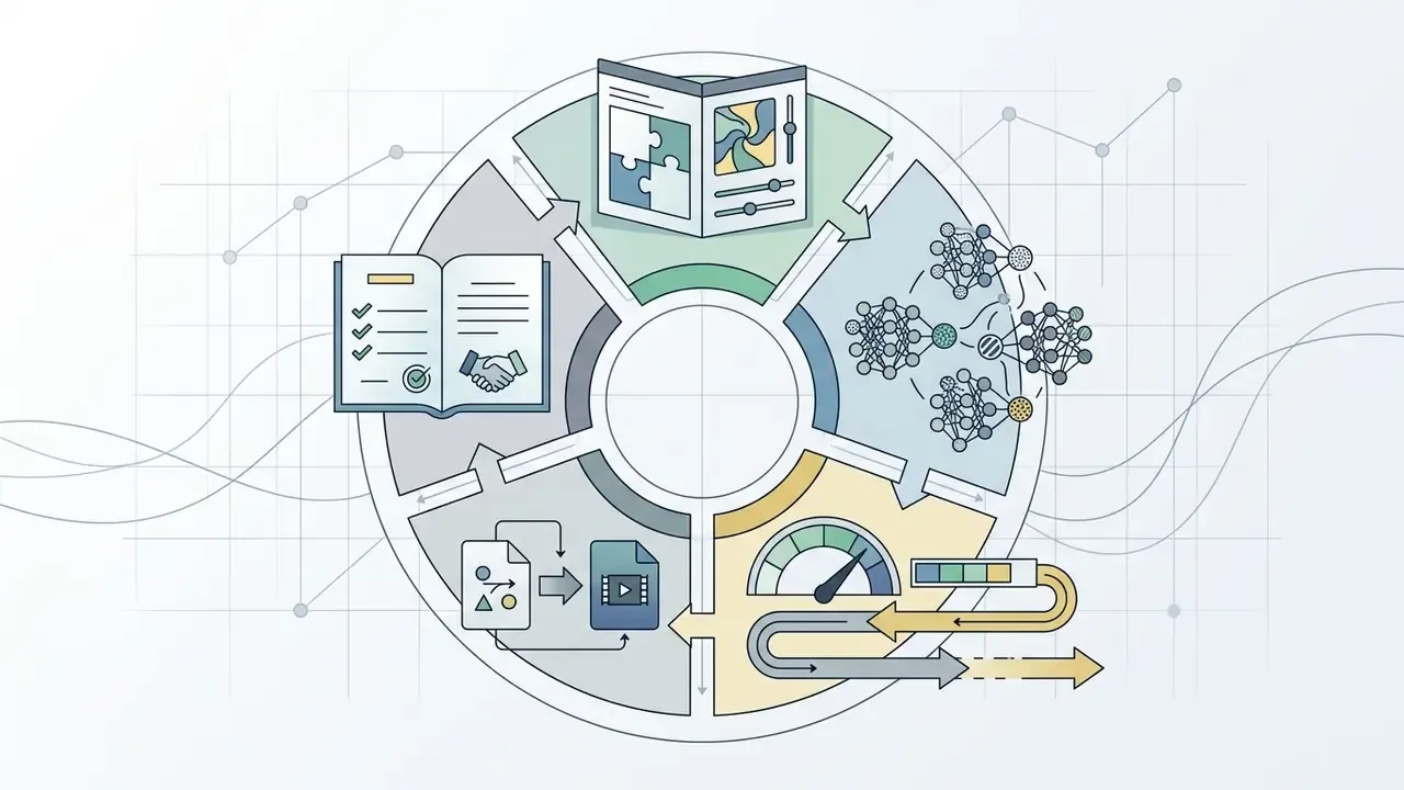 Circular model showing five key governance criteria for selecting video production software