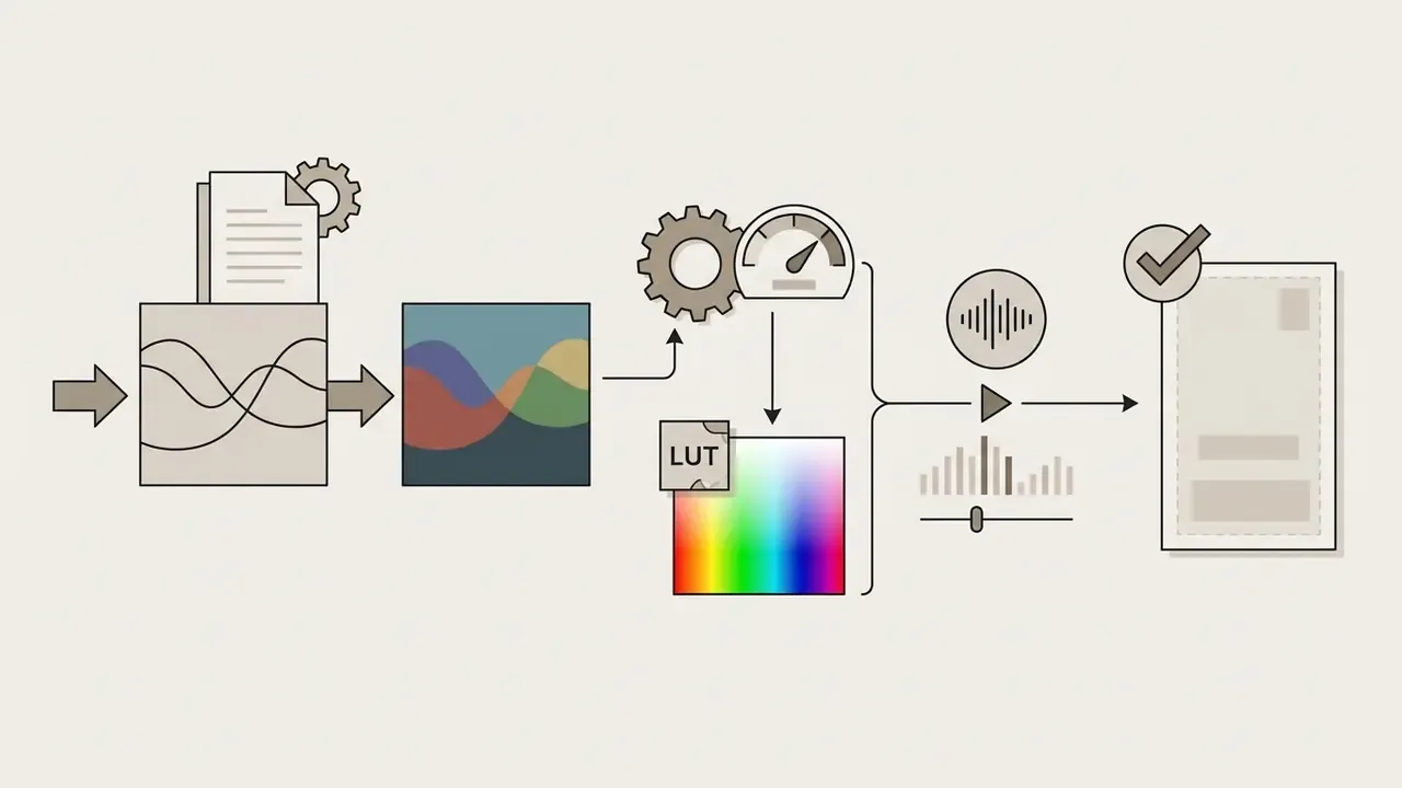 Technical assets moving through a gear and gauge system to reach a finalized and checked document