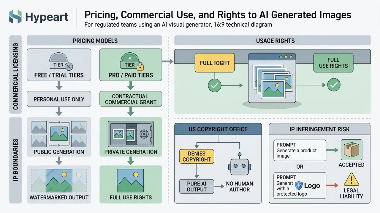 Flowchart outlining subscription tiers, usage rights, copyright status, and legal risks for image generation