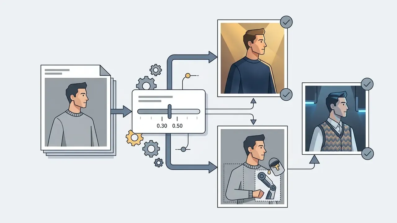 Slider control adjusting how base image features transform into new AI image outputs