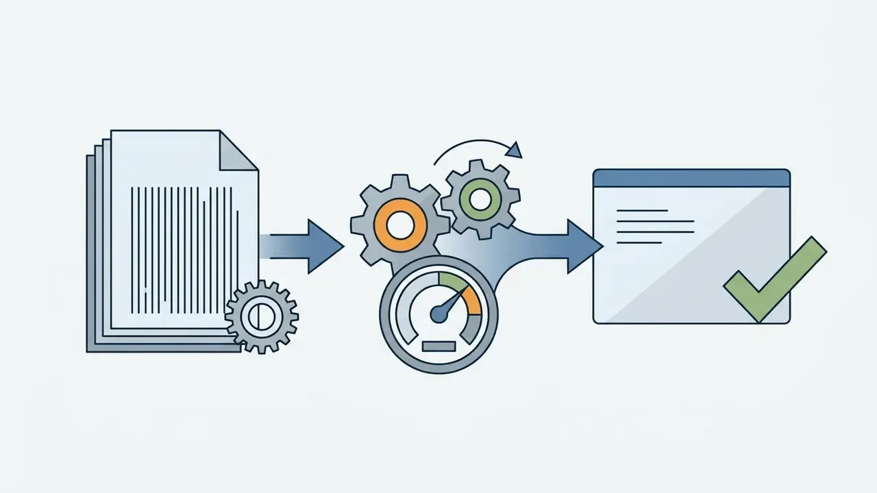 Document files flowing through a gear system and speed gauge into a window with a checkmark