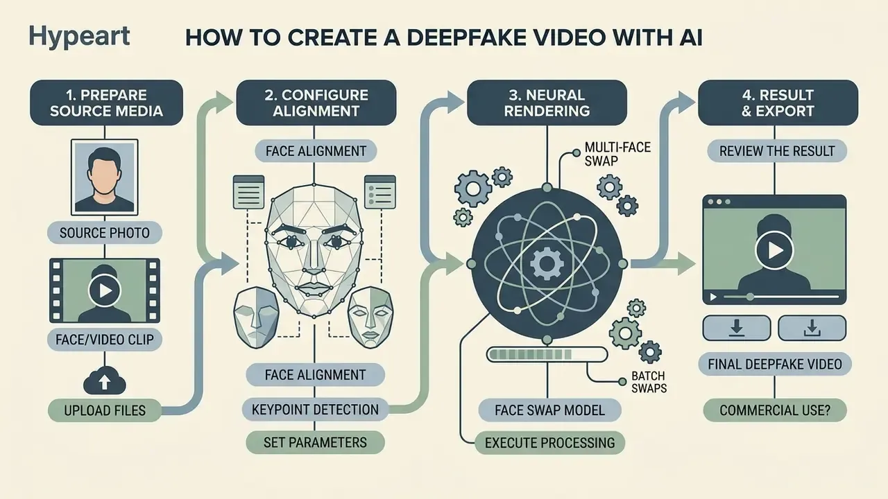 Step by step workflow diagram showing media preparation, face alignment, neural rendering, and final export