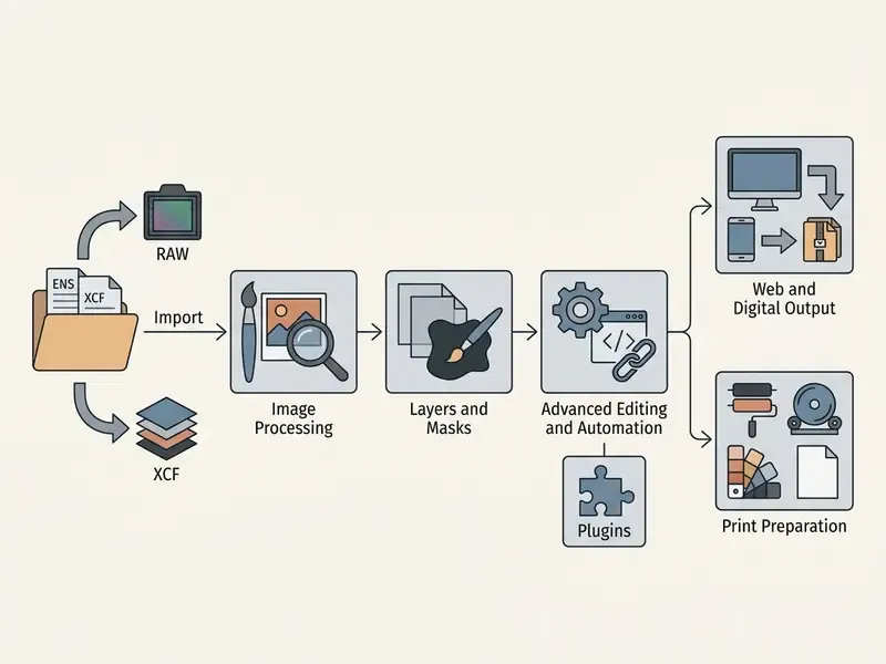 Workflow diagram showing file import, image processing, editing steps, and final output for web or print