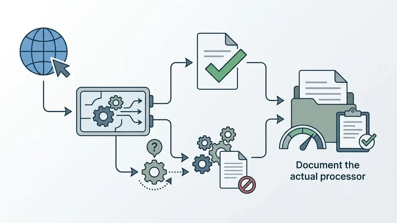 Globe icon feeding a processor that branches into verified or unverified workflows for Sora AI compliance
