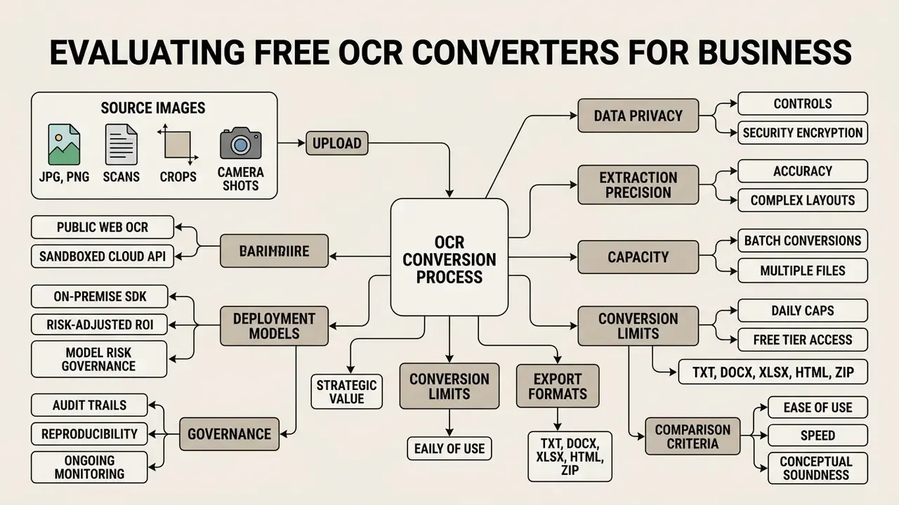 Decision tree outlining key evaluation criteria for selecting an image to text converter for business
