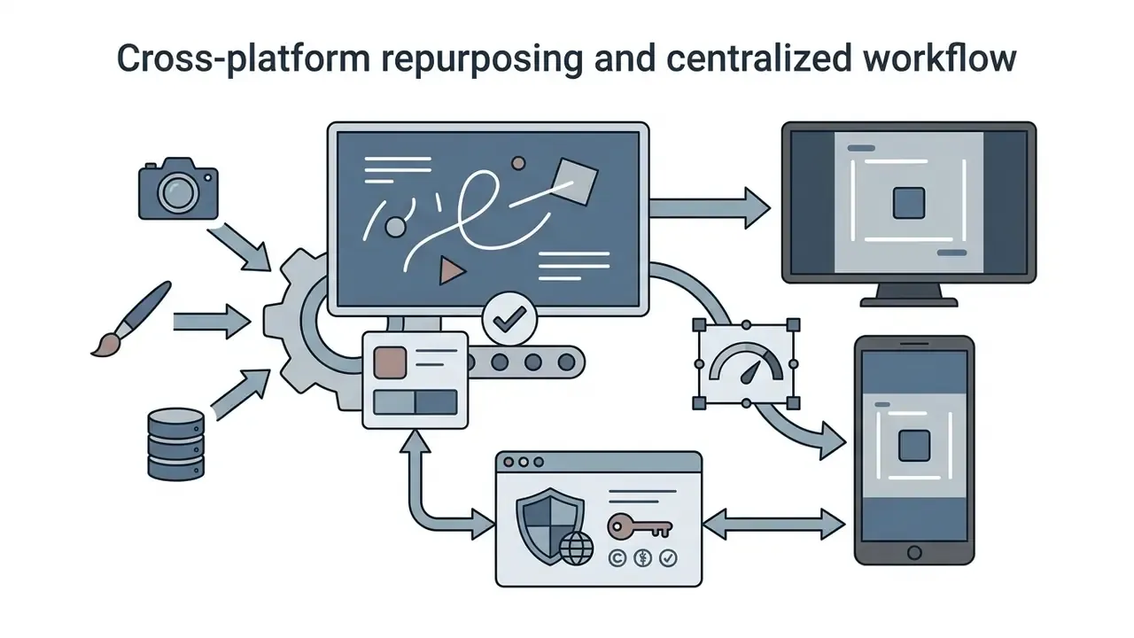 Centralized hub processing media assets into optimized formats for desktop and mobile devices