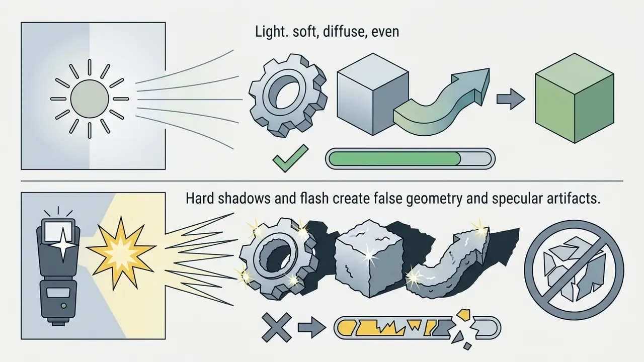 Comparison of soft diffuse lighting producing successful 3D models versus harsh flash causing geometry errors