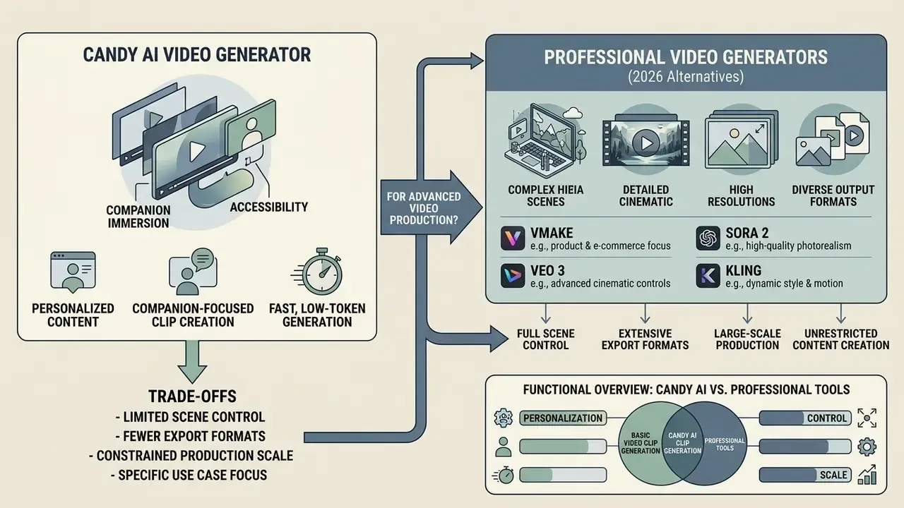 Comparison infographic contrasting Candy AI video generator features with professional video production tools