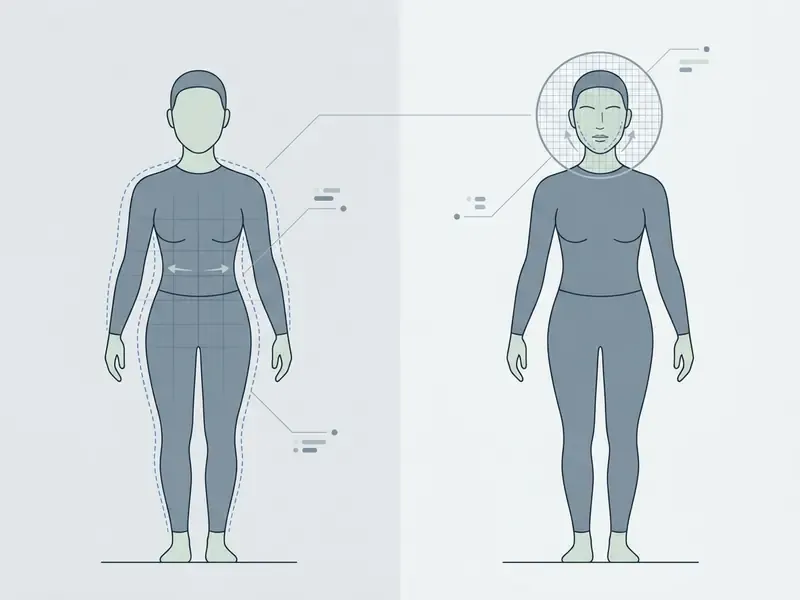 Diagram showing body silhouette adjustments next to a facial feature mapping grid