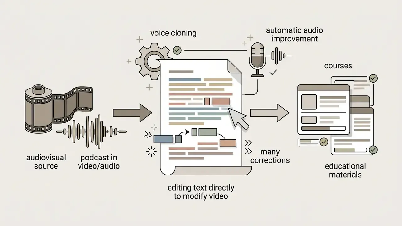 Workflow showing audiovisual sources converted into editable text to create educational course materials