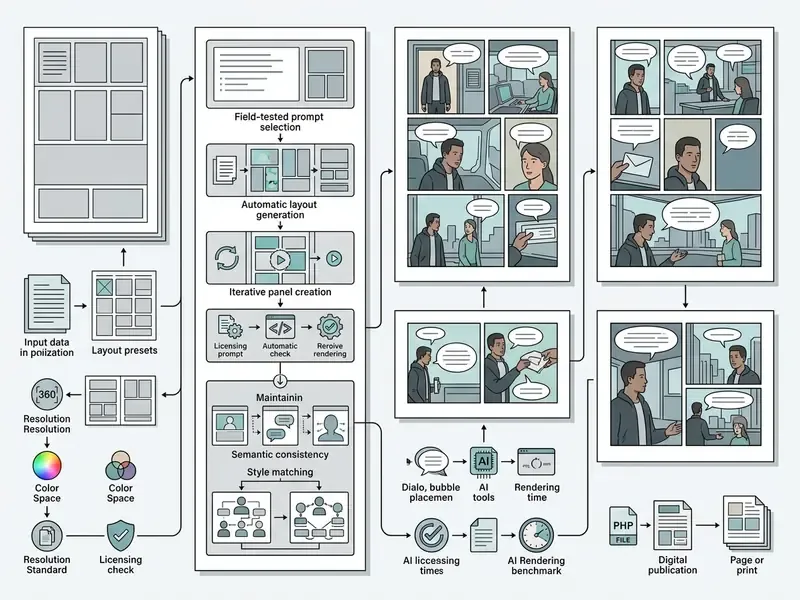 Process flow showing how input data and layout presets are transformed by an AI comic generator into finished pages