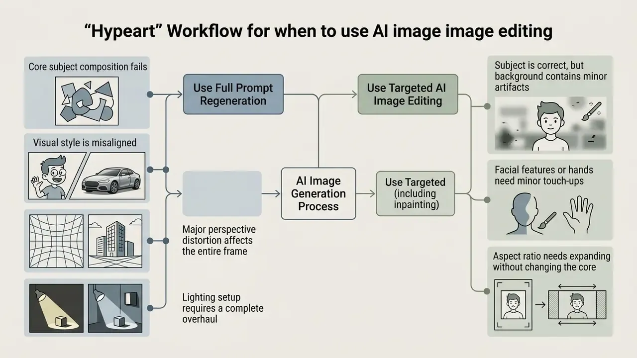 Decision path comparing full prompt regeneration versus targeted AI image editing for specific errors