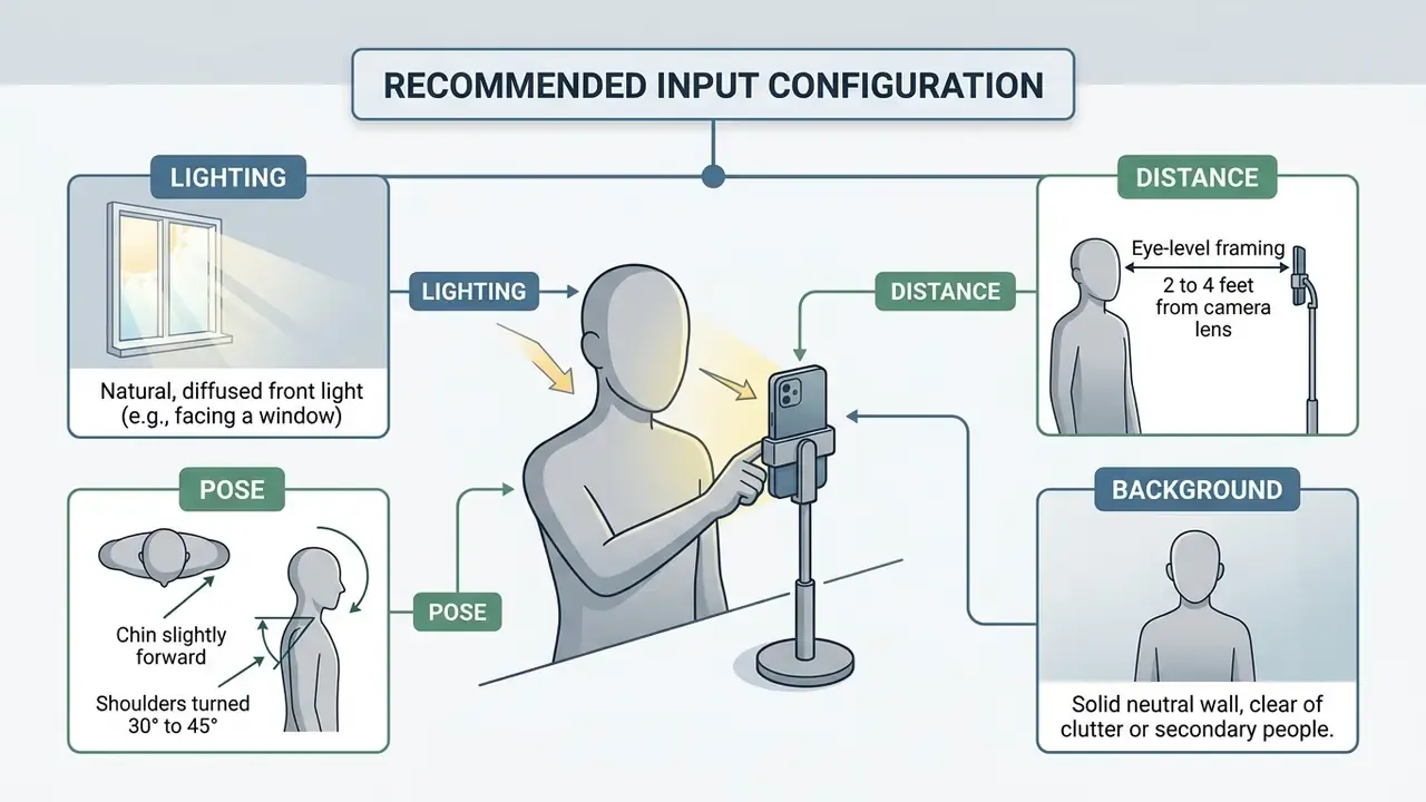 Diagram detailing optimal lighting, distance, pose, and background for a free AI headshot generator