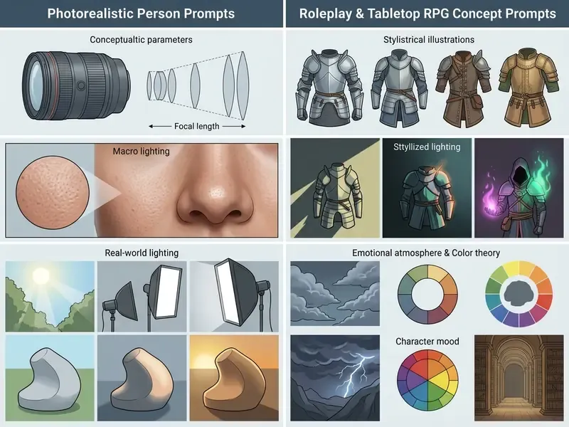 Comparison grid contrasting photographic camera parameters with fantasy roleplay concept design elements