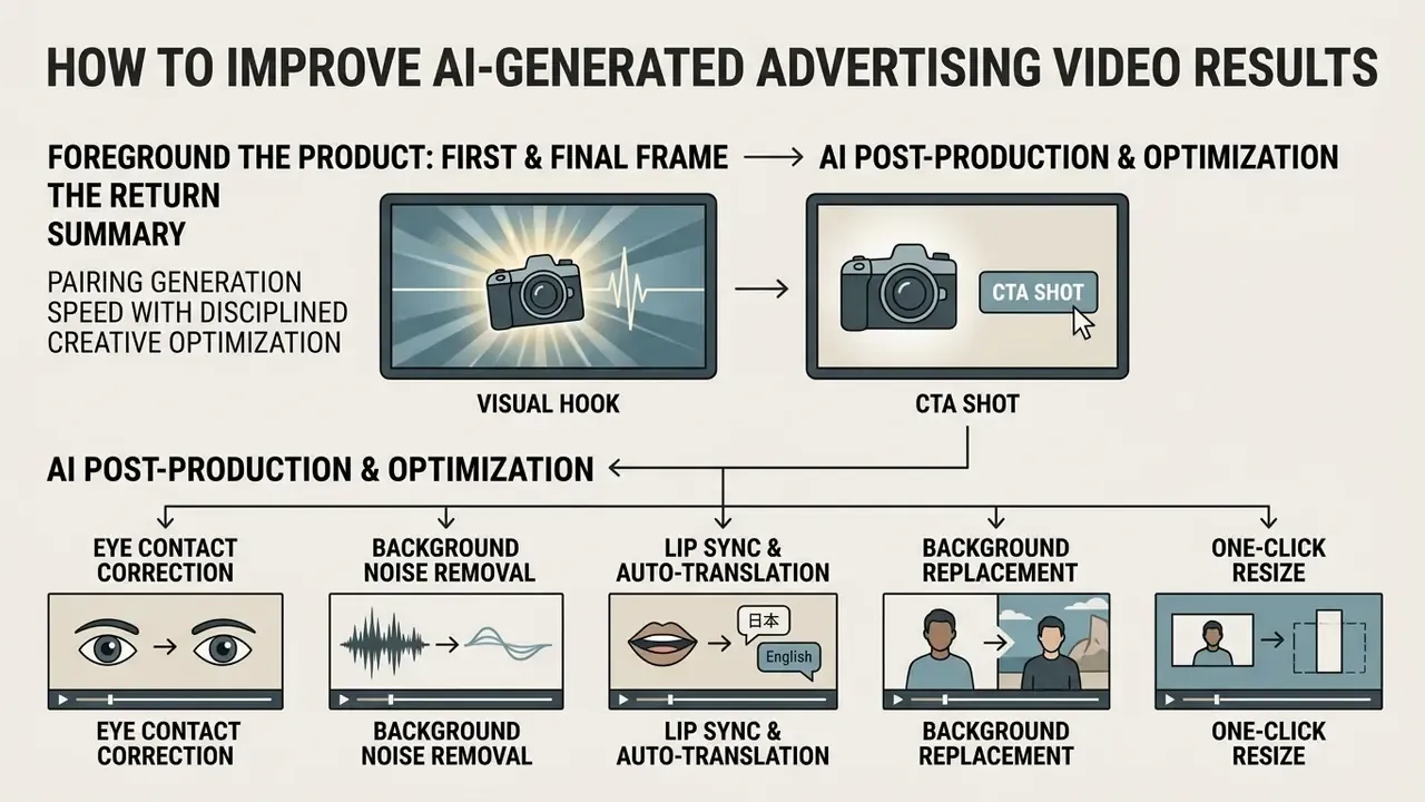 Visual guide showing methods to optimize video ads through product framing and AI post-production tools