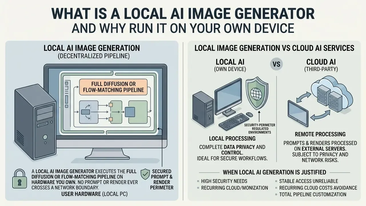 Infographic comparing local AI image generator workflows on private hardware against cloud services