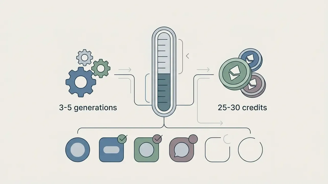 Gears and credit tokens feeding into a vertical progress bar that outputs various UI icon designs