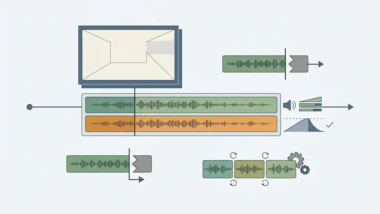 Timeline interface showing audio tracks being trimmed, adjusted for volume, and looped for video projects