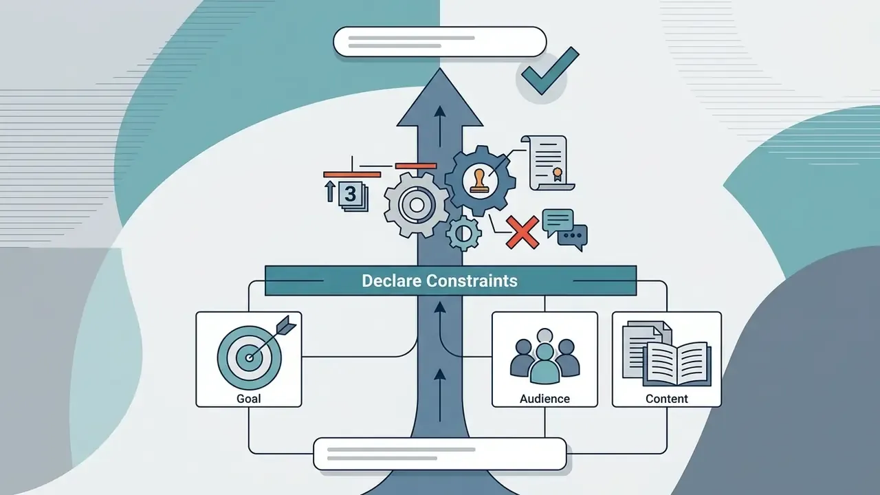 Upward arrow connecting goal, audience, and content icons to a gear mechanism for constraint management