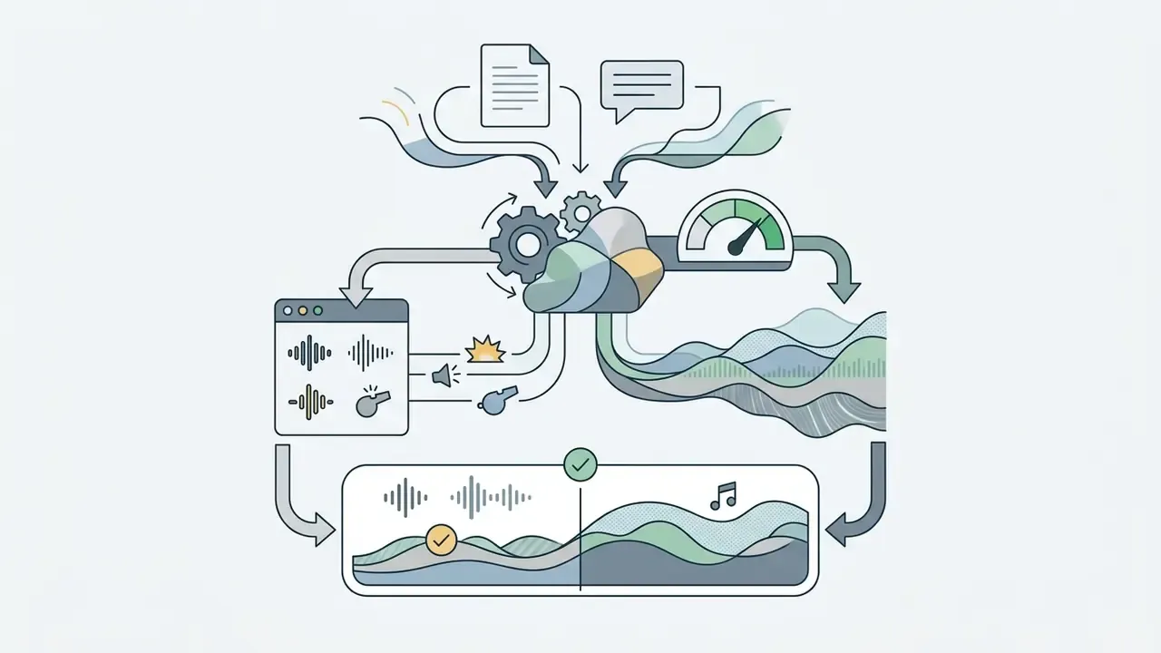 Text and speech inputs feeding into a cloud processor that outputs combined sound effects and music tracks