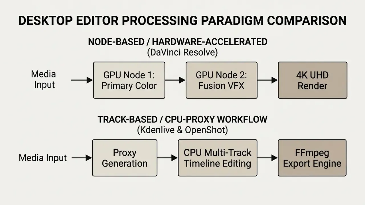 Diagram contrasting node-based GPU processing with track-based CPU proxy workflows in video editors