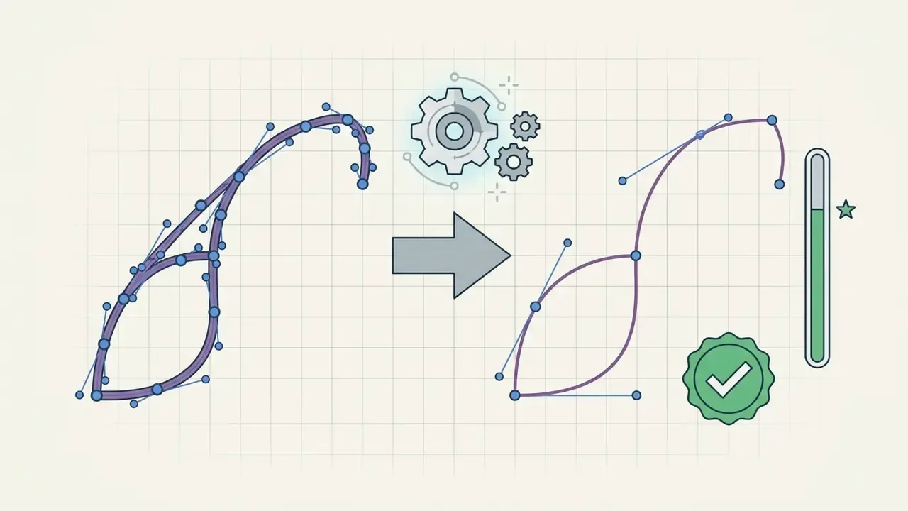 Complex vector path with many anchor points being simplified into a cleaner shape with fewer nodes