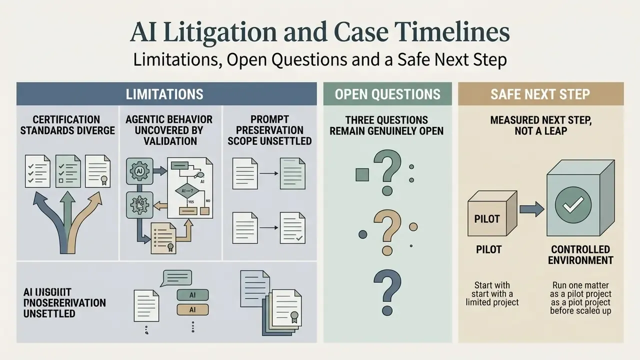 Summary of AI litigation limitations, open questions, and a controlled pilot project for safe implementation