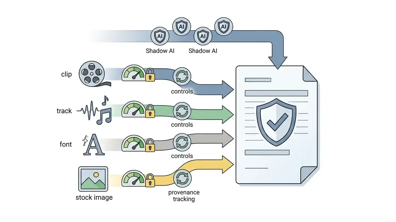 Media assets flowing through speedometers and gear controls into a protected project manifest document