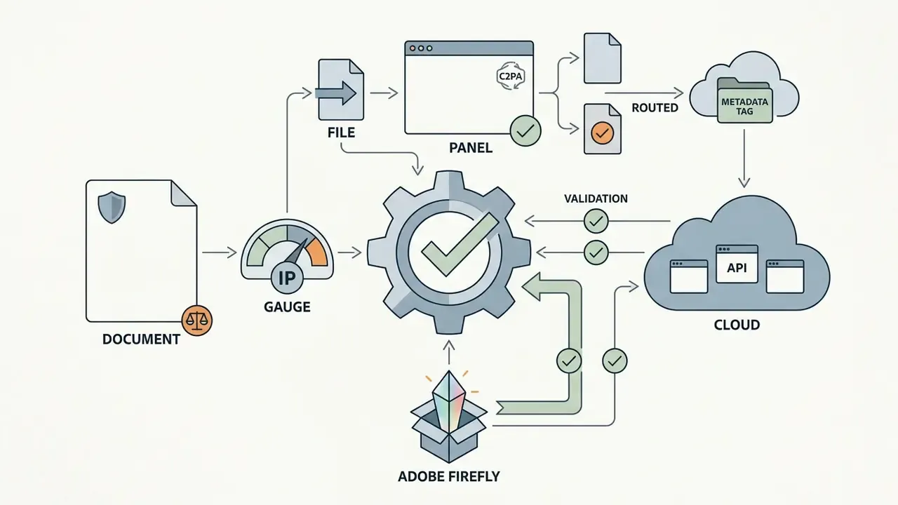 IP gauge and Adobe Firefly integration feeding a central gear processor with C2PA metadata validation