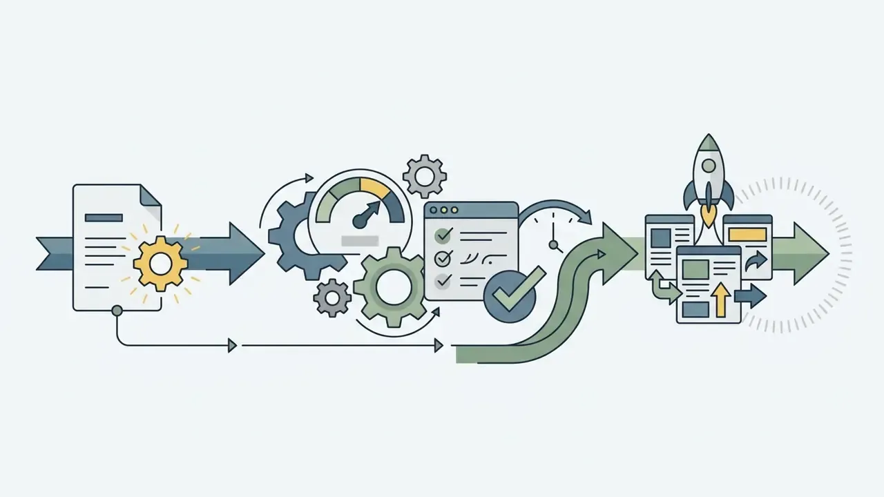 Document processing through gears and speed gauges toward a rocket launching published content