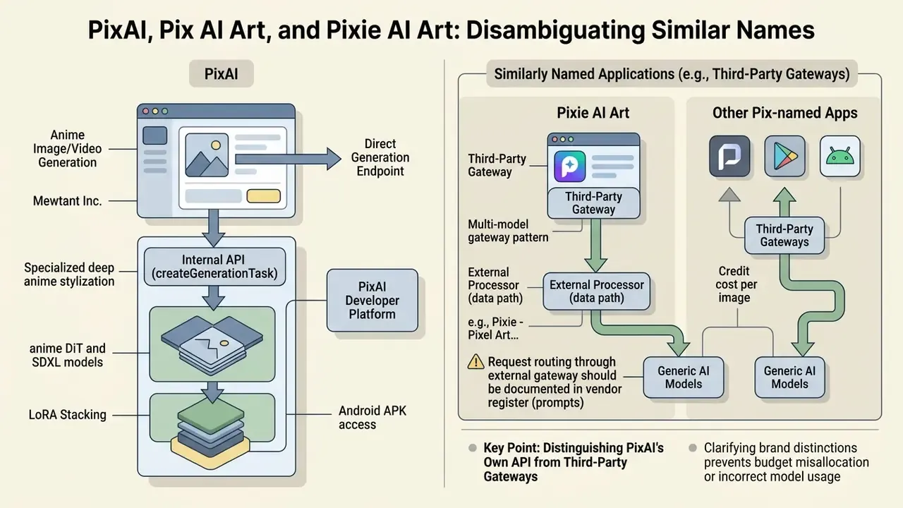 Comparison diagram contrasting the internal API structure of PixAI with third-party gateway applications