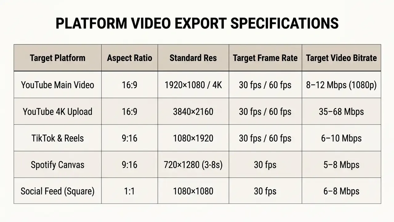 Table listing technical export requirements for video platforms including resolution and frame rate
