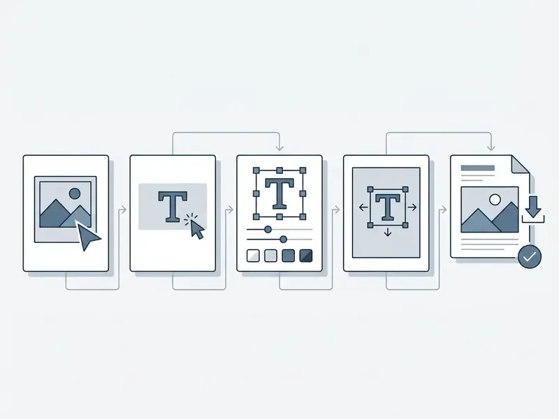 Five sequential steps illustrating how to add text to an image online for free