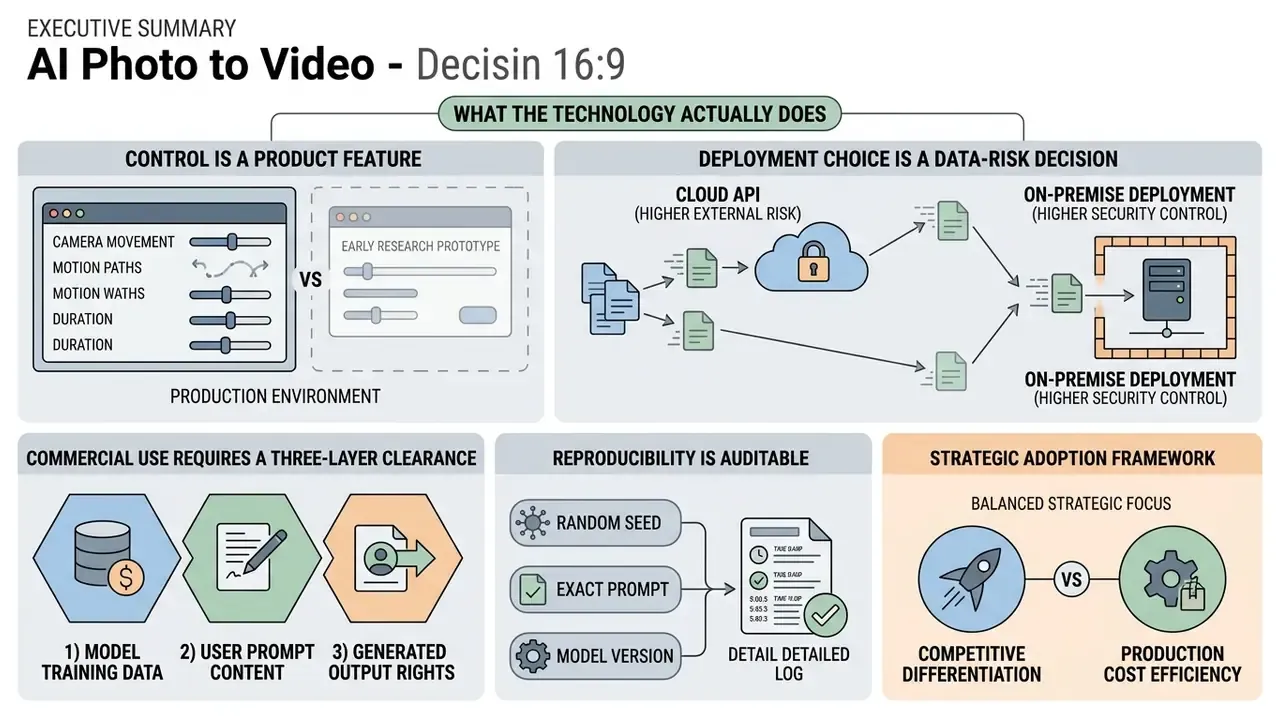 Infographic showing AI photo to video workflows covering deployment risks, clearance, and auditability