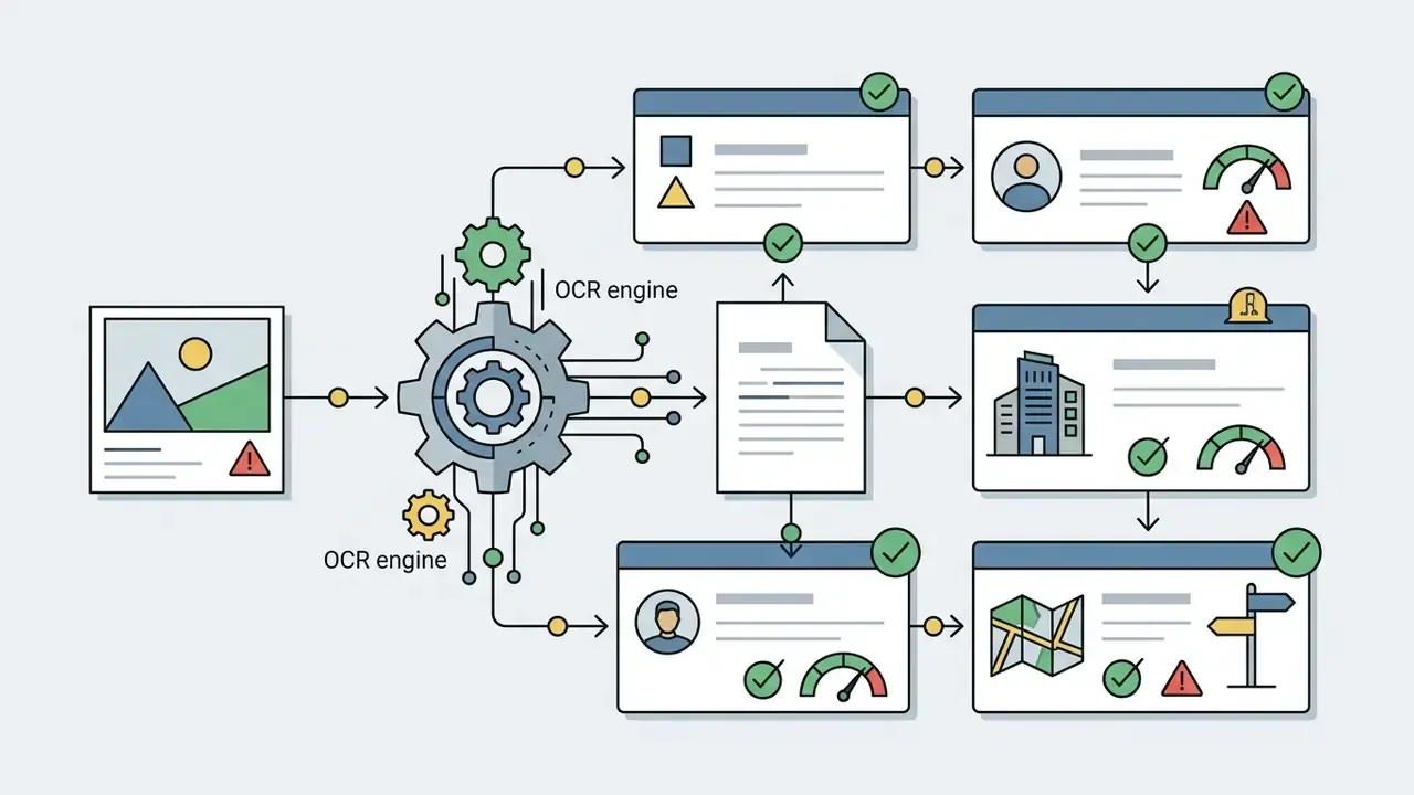 OCR engine processing document data into categorized fields with verification icons and status gauges