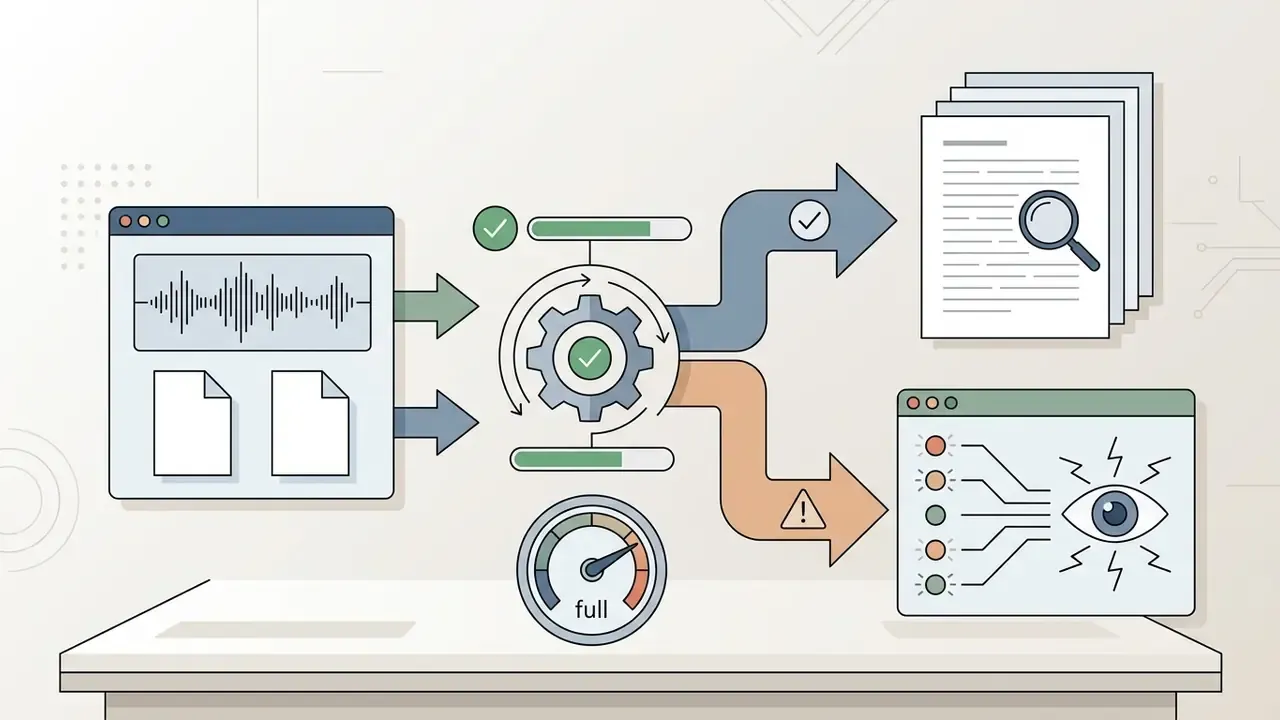 Audio files flowing through a processing gear into document review and automated surveillance systems