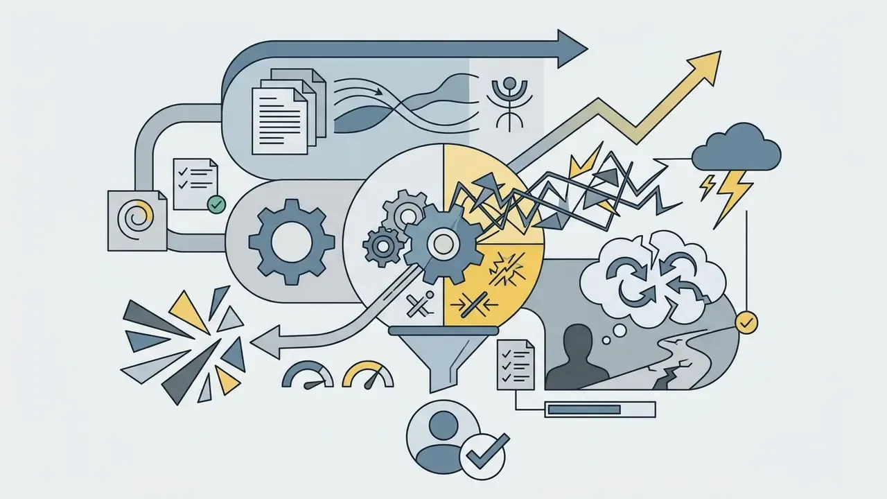 Documents and gears feeding into a central funnel that processes internal and external story conflicts
