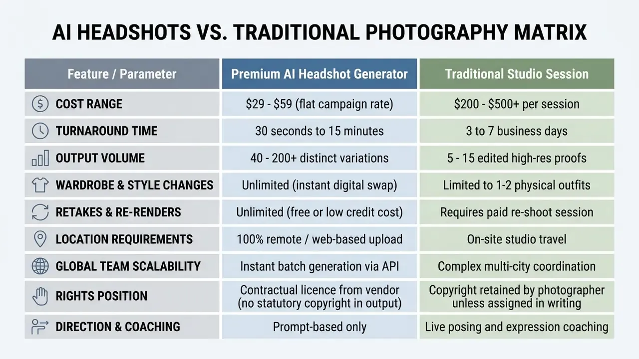 Comparison grid listing features like cost, turnaround time, and scalability for digital vs studio services