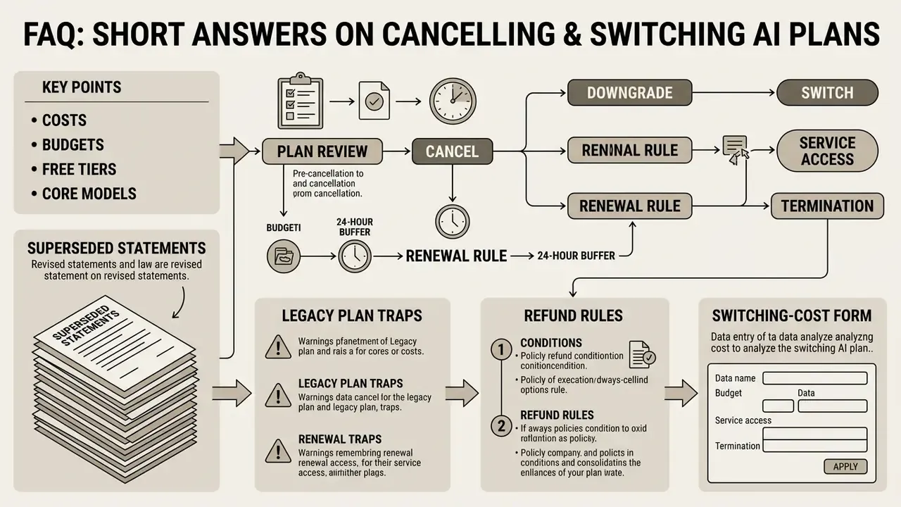 Infographic summarizing subscription management, refund rules, and legacy plan traps for AI tools
