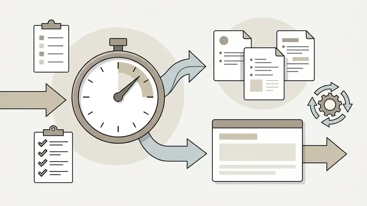 Stopwatch icon directing input tasks into document processing and digital output streams
