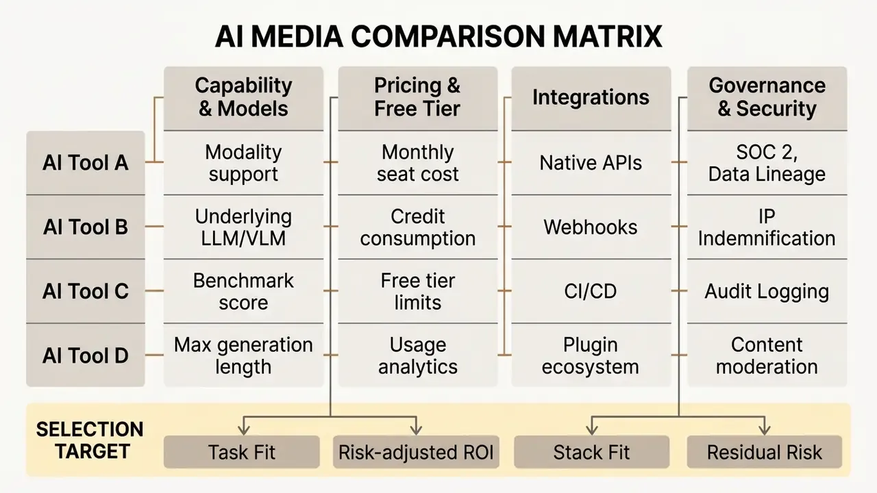 Comparison matrix layout organizing AI tools by capabilities, pricing, integrations, and security metrics