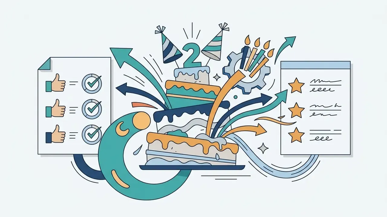 Layered birthday cake with party hats and candles surrounded by checklist icons and directional arrows