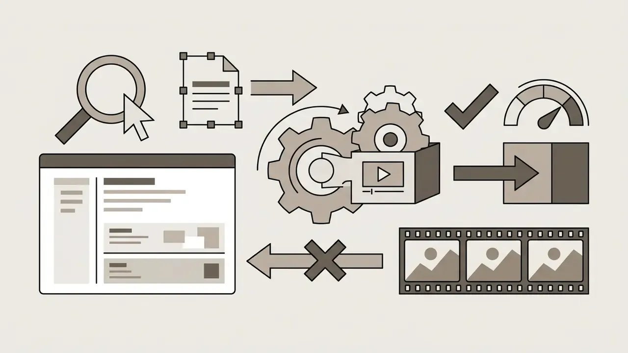 Icons representing document editing, gear-driven processing, and film strip finalization for digital media