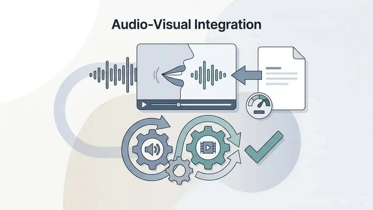 Video player showing lip-syncing profile connected to audio and film gears with a checkmark