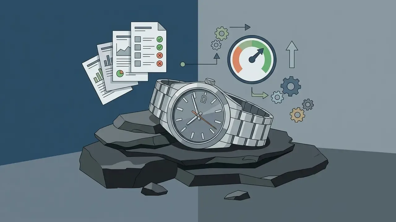 Stainless steel wristwatch on dark rock with document icons on one side and a speed gauge on the other